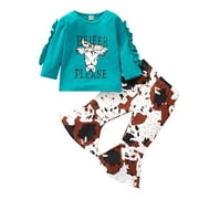 LMTODLFG Baby Girl Clothes Toddler Baby Girls Ruffle Letter Print Tops Cow Print Bell-bottoms Pants Sets Baby Girl Gifts Green 2-3 Years